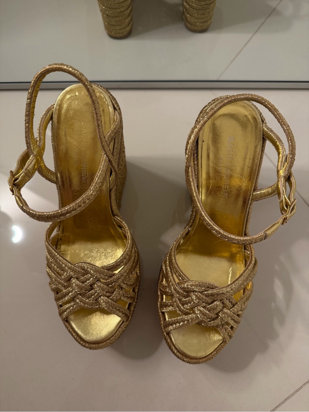 Woven Metallic Gold Wedge Sandals - Women